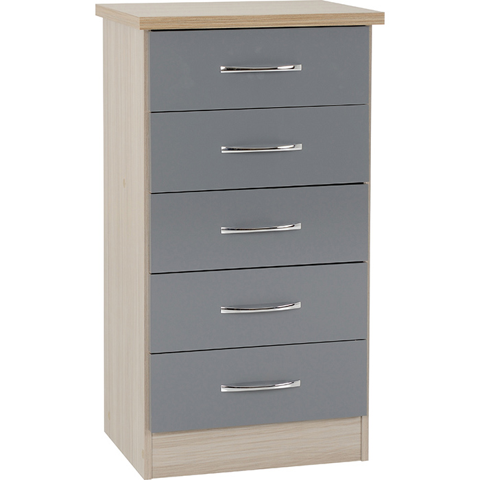 Nevada 5 Drawer Narrow Chest In Grey Gloss & Light Oak Effect